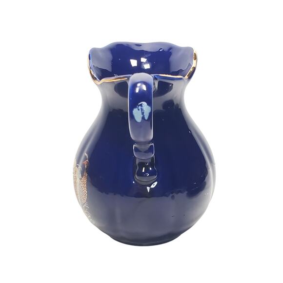 Vtg Cobalt Blue Pheasants & Gold Peony Pitcher & Basin Decorative Birds - Picture 5 of 12